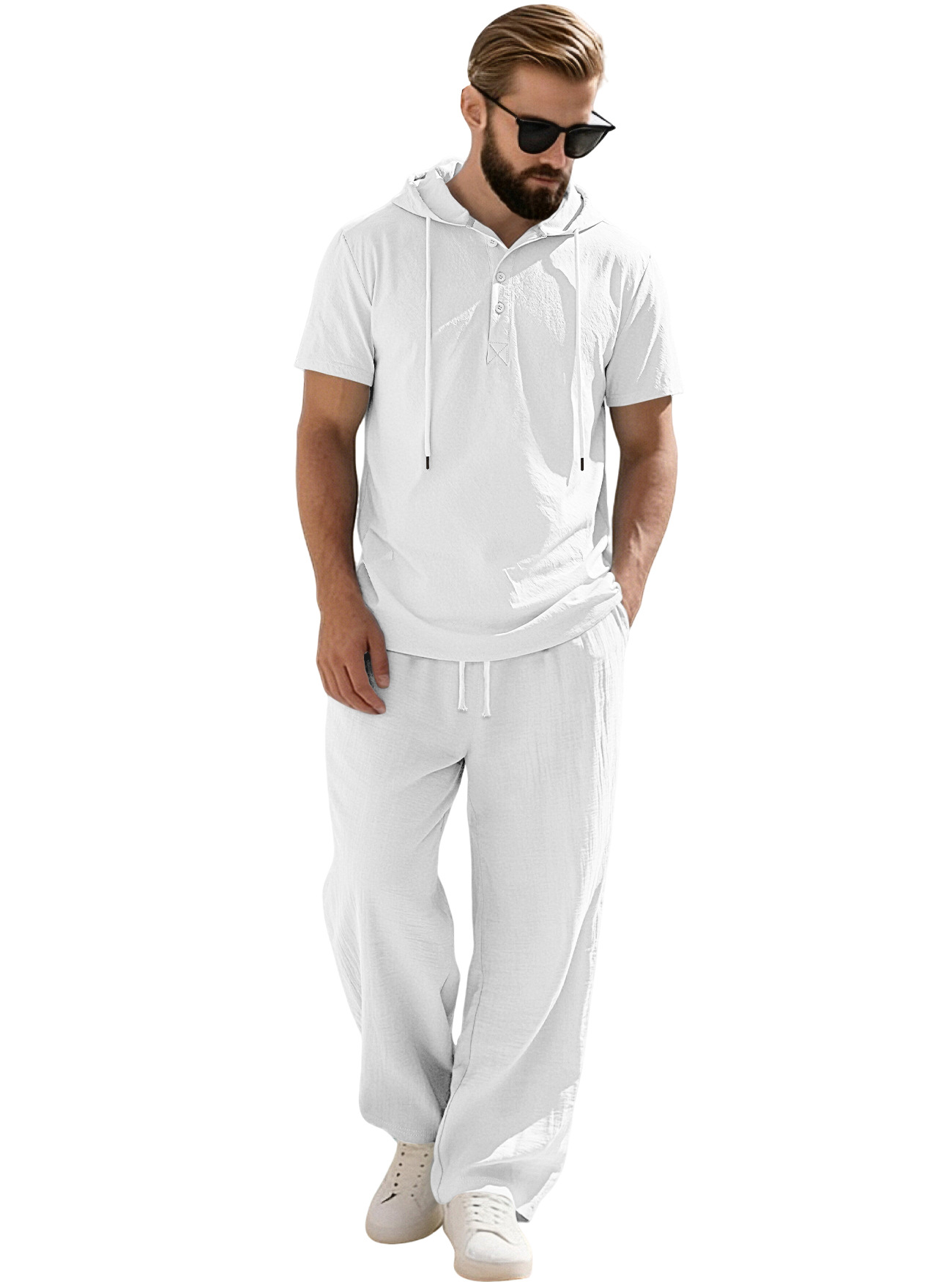Transfronterizos Europa y América Amazon hombre nuevo encapuchado abrazado camisa de algodón y lino de manga corta casual pantalones largos de manga corta set hombre