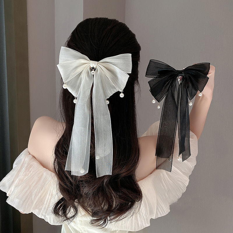 2024 Super Fairy Girly Style Ribbon Bow Hair Clip Korean Style Casual Style Gauze Pearl Pendant Spring Clip
