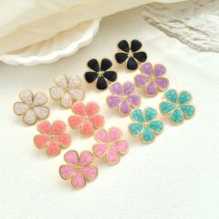欧美跨境五瓣花耳钉女不锈钢珐琅滴釉耳环复古时尚轻奢高级感耳饰