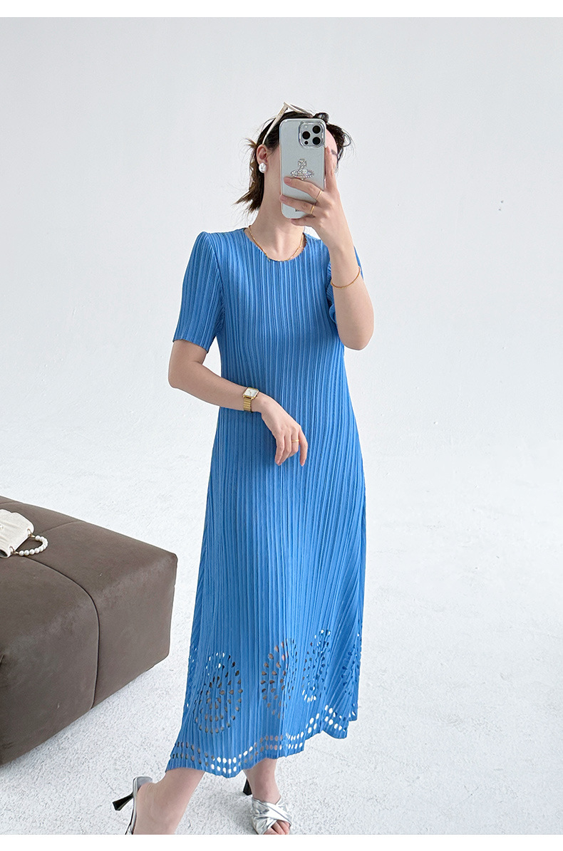 Váy maxi xếp ly đốt hoa tay ngắn phong cách Pháp — Màu xanh da trời chi tiết 7