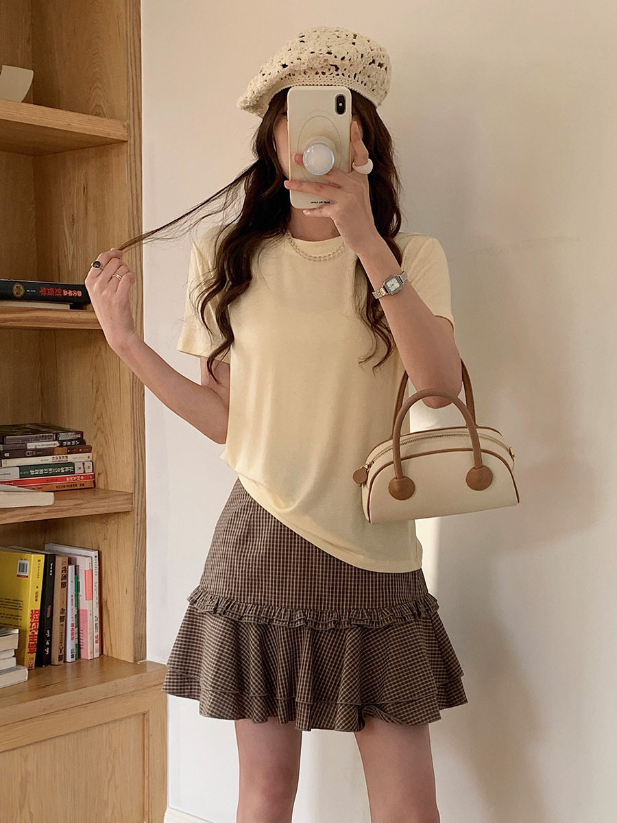 Senjima Spring/Summer Silk Wool New Korean Style Short Sleeve Casual Fashion Simple T-Shirt Solid Color Slim Fit Top 2