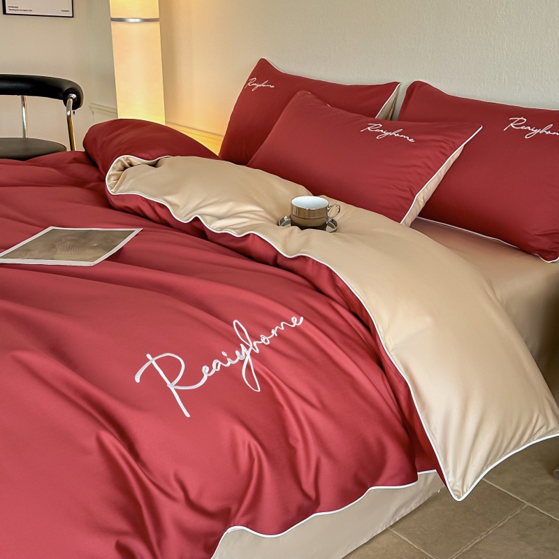 Té con leche rojo de Borgoña [tejido de algodón para dormir desnudo agradable para la piel] / Estilo de sábana de 0,9-1,2 m [funda de edredón: 150*200cm] juego de tres piezas