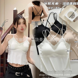 5945 Spice Girls Lace Sexy Big Backless Underwear Ice Silk Cross Camisole Vest Women's Traceless Push-up plus size Beautiful Back