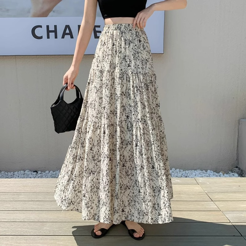 2025 New Large Size Summer Floral Skirt, Elegant High-Waisted Elastic Skirt, Western Style Long Skirt, Mid-Length