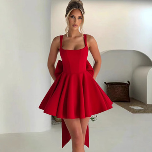 Sweet Backless Big Bow Suspender Dress for Women 2025 Spring New Personalized Fishbone Pattern Splicing Skirt