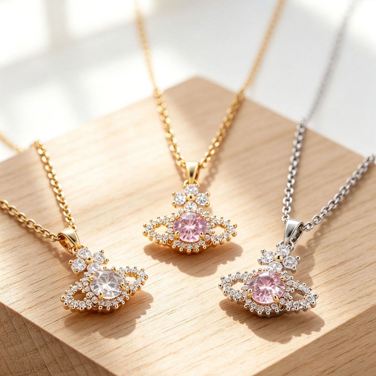 Classic Saturn-shaped pendant necklace, surrounded by fully inlaid stones, gold and silver color scheme, delicate chain, exquisite accessory for daily dates