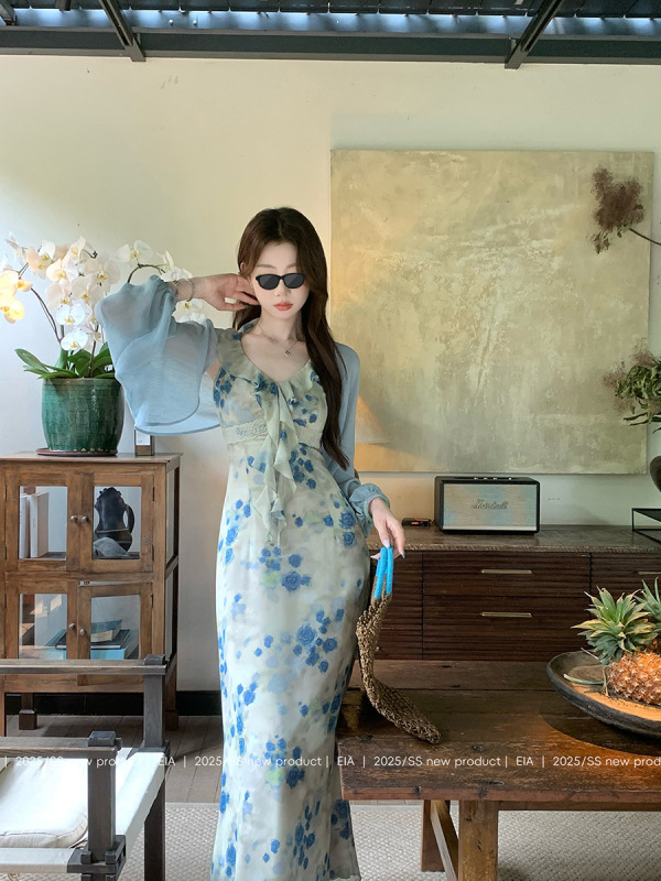 EIA Yiyao [南フランスの境界] レトロな気質の花柄ドレス女性の夏フレンチスリムフリルロングスカート|undefined