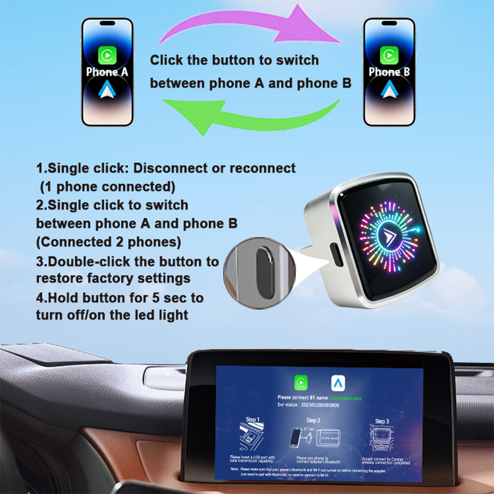 2026 Cross-Border Crystal-Style Smart Button Wireless Carplay Box Android Auto Car Connectivity Two-In-One