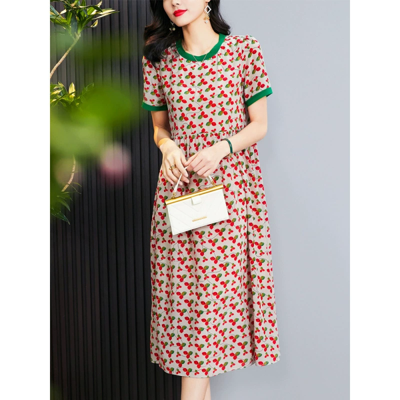 2025 Летняя женская одежда с круглым вырезом с принтом свободного высокого класса среднего и длинного супер сказочного платья