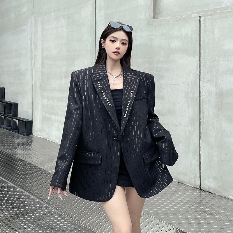 Black Beaded Sequin Textured Shoulder Pad Suit Jacket for Women, Spring & Fall Design, Cool and Handsome Bf Style Suit Black Beaded Sequin Textured Shoulder Pad Suit Jacket for Women, Spring & Fall Design, Cool and Handsome Bf Style Suit