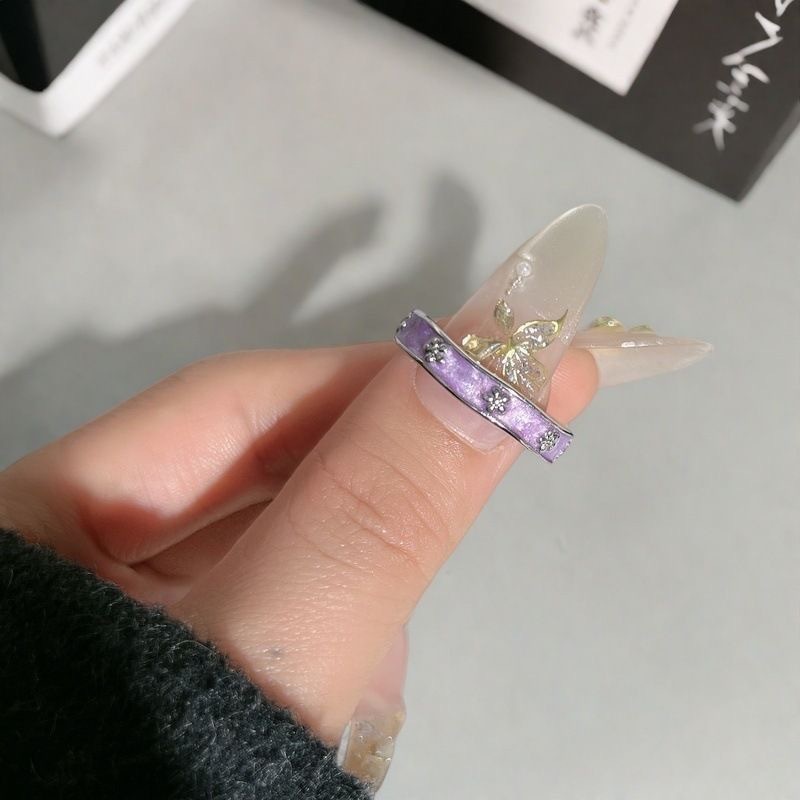 女性用リング、新しい甘くてクールな紫色の滴り釉フラワー、ファッショナブルで軽い高級リング、ハイエンドのニッチデザインの人差し指リング|undefined