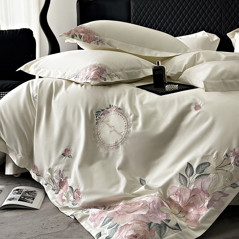 Flor de alta gama bordado de algodón de fibra larga juego de cuatro piezas algodón ligero lujo niña corazón funda edredón ropa de cama de algodón