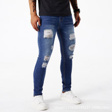 破洞补丁牛仔裤男潮牌弹力紧身小脚裤跨镜外贸亚马逊一件代发