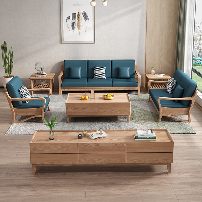 Madera maciza cera blanca sofá sala de estar hogar estilo japonés nórdico registro silencioso viento tecnología impermeable sofá de tela combinación