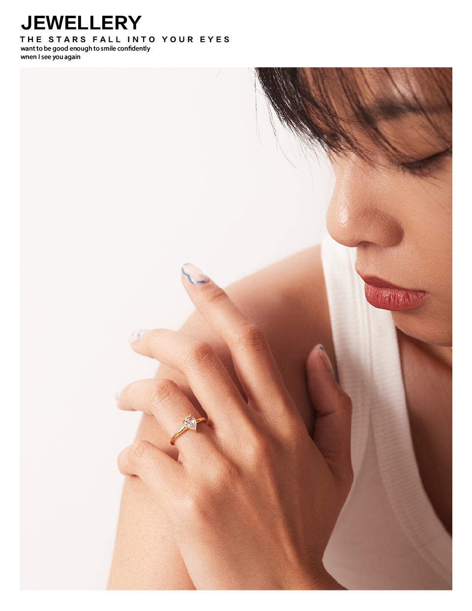 French Style Water Droplets Stainless Steel Inlay Zircon Rings 1 Piece