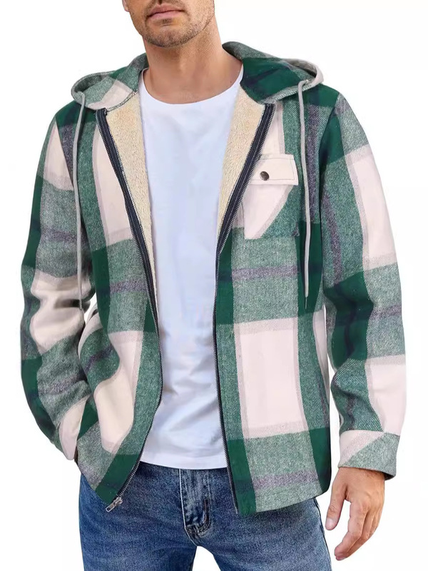 European and American Flannel Men's Jacket 2024 New Amazon Long-Sleeved Hooded Fleece-Lined Warm Casual Men's Jacket
