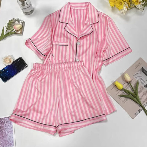 Cross-border star with short sleeve pajamas summer wear thin lapel high sense striped home clothes real shot wholesale