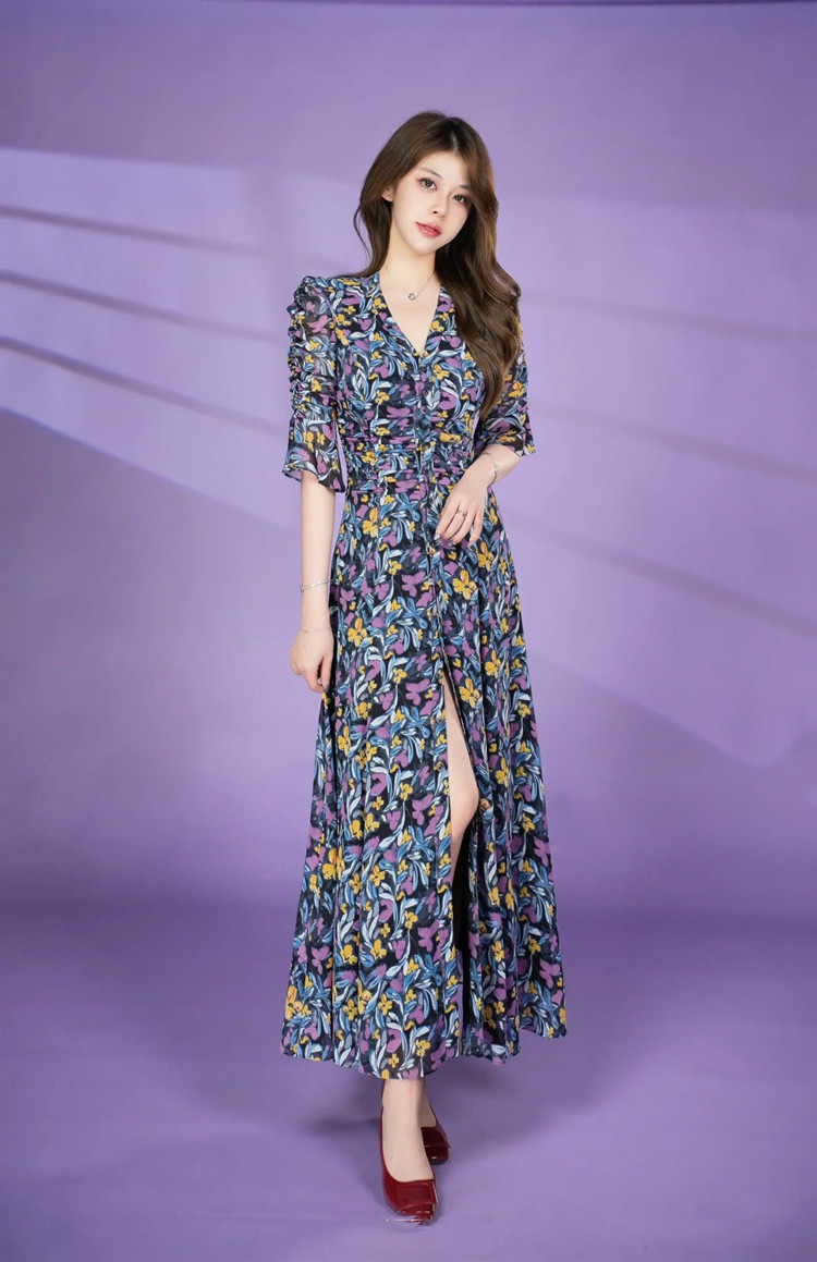Đầm maxi nữ thắt eo họa tiết hoa nhí kiểu Pháp — Hồng anh đào mộng mơ chi tiết 11