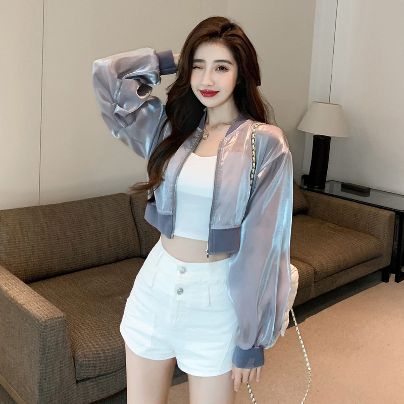 2025 Summer New All-match Lightweight Transparent Zipper Bright Silk Streamline Texturous Short Air-conditioning Shirt Drying Jacket for Women
