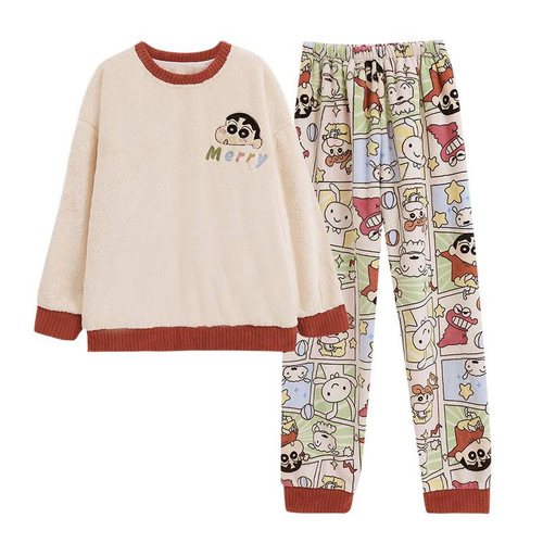 Flannel pajamas for women, suitable for autumn and winter, round neck, long sleeves, cute Japanese cartoon style, student warm home set