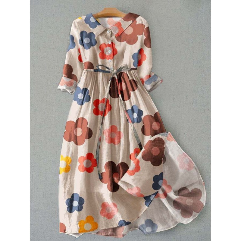 New European and American style shirt dress, bohemian resort-style large hem dress, printed dress, bubble crease long dress New European and American style shirt dress, bohemian resort-style large hem dress, printed dress, bubble crease long dress