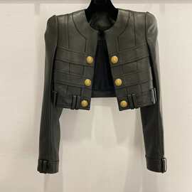 高级感炸街小众皮衣外套女春季设计感别致时髦金属扣圆领夹克上衣