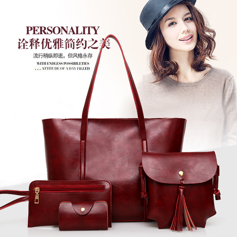 Wholesale 2024 new European and American fashion women's bag retro oil wax leather mother bag four-piece portable shoulder messenger bag