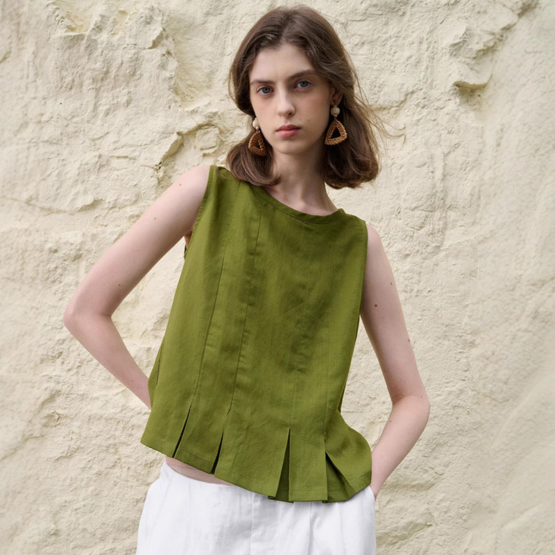 High-End Lyocell Linen Vest with A-Line Ruffle Hem, Sleeveless Top for Women, Summer Niche Design, Short Cotton-Linen Tank Top