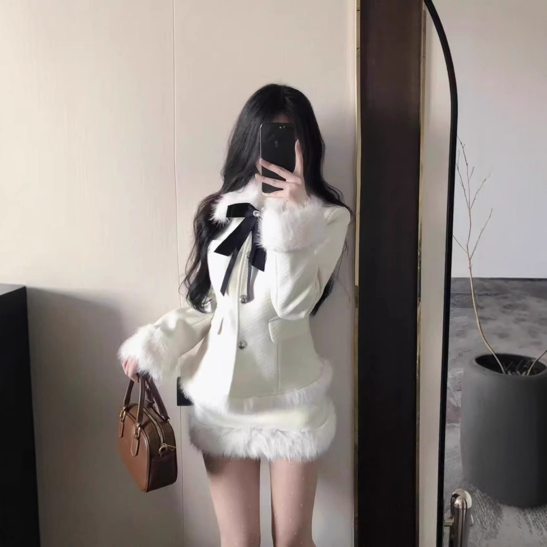 (2개) 한국 드라마 딸 빅 미스 타이트 허리 슬림 울 재킷 오버스커트 세트 여성 누빔안감 따뜻한 투피스 세트