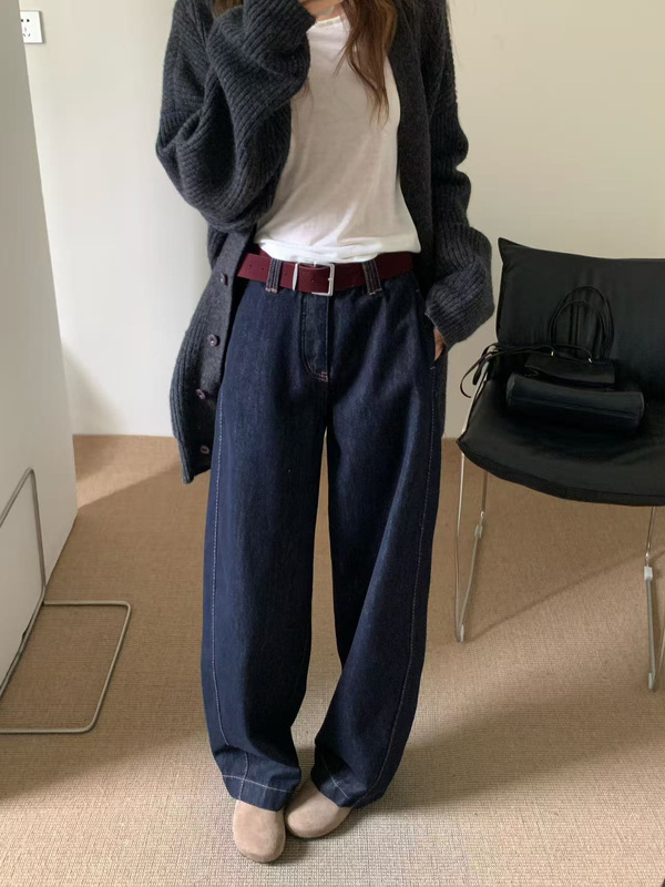 秋TOP欧制广州十三行韩版弯刀裤撞色麂配皮腰带松弛感牛仔裤82557|undefined