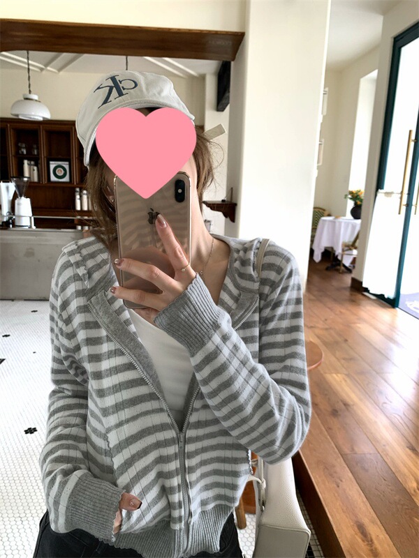 跨境可可里~条纹连帽长袖针织衫外套女秋季新韩系慵懒短开衫衣白|undefined