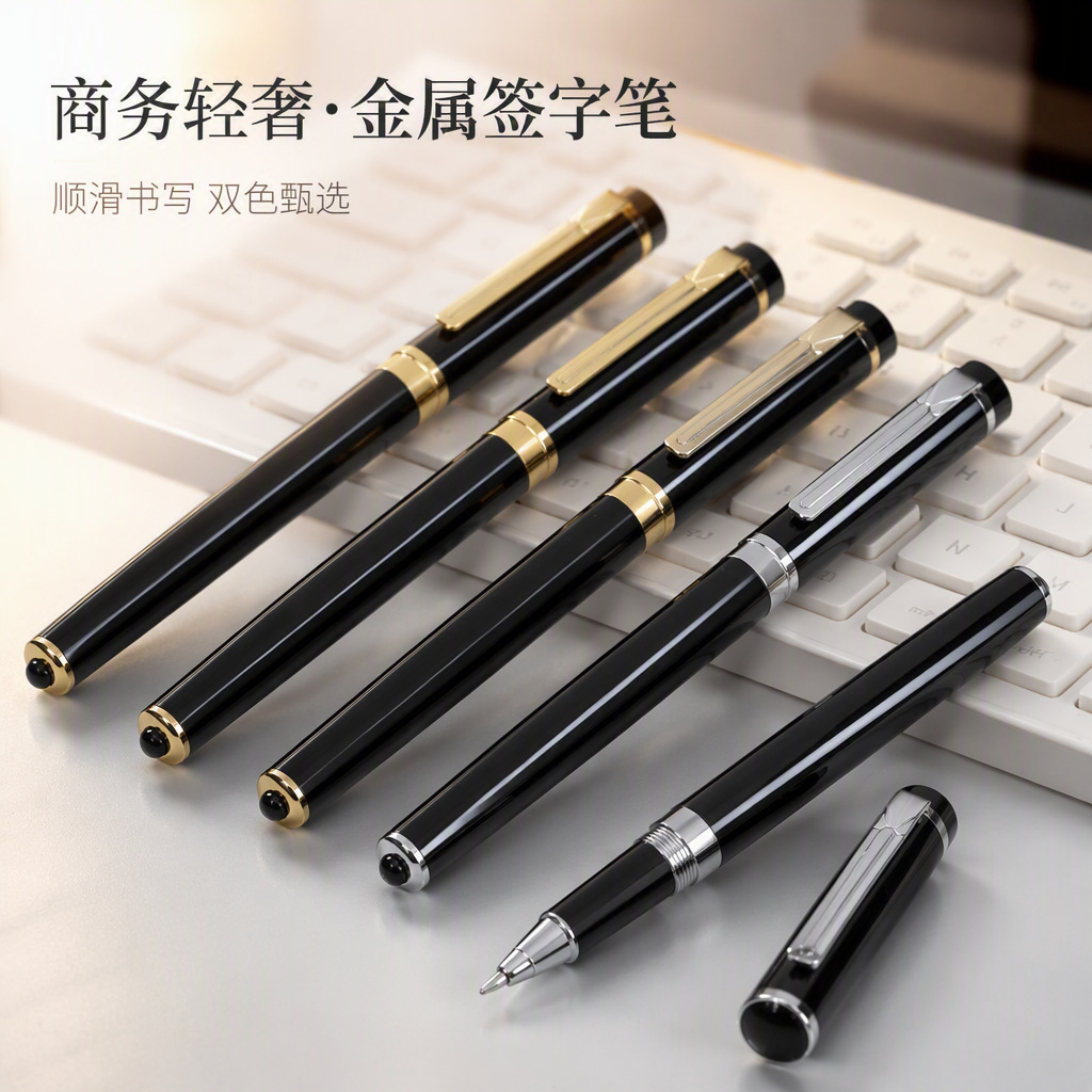 Business-style, minimalist metal ballpoint pen with smooth writing, customizable with laser engraving for logos, suitable for corporate office and meeting use; stainless steel neutral pen