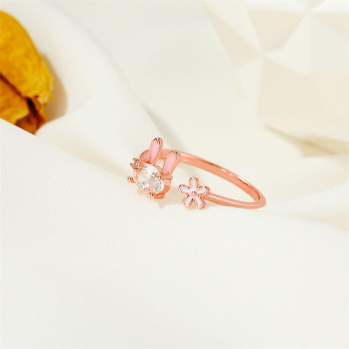 Japanese and Korean cute bunny ring, sweet girly heart flower index finger ring for girls ins internet celebrity open ring