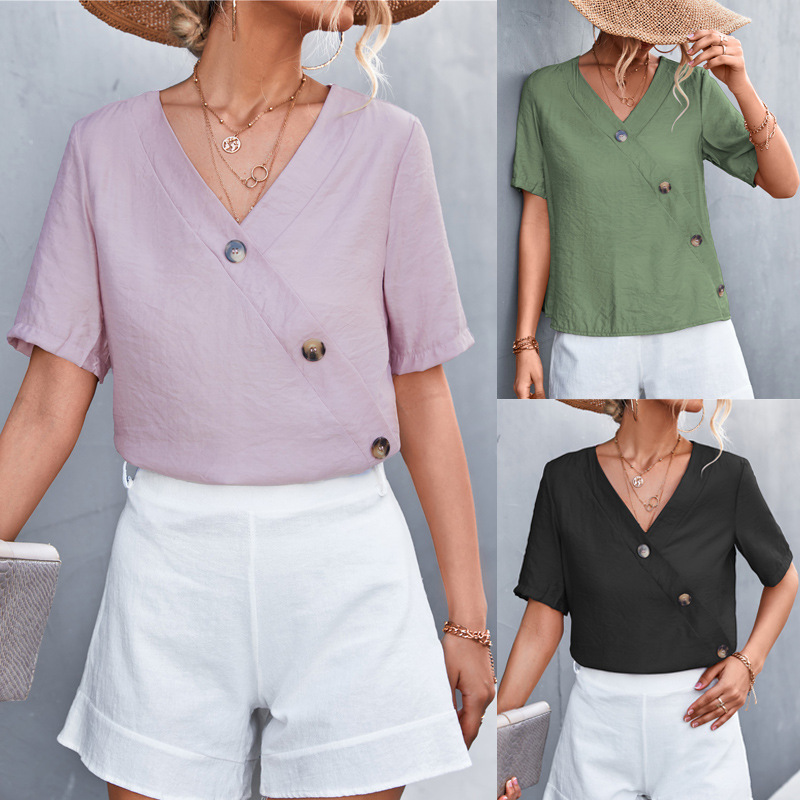 European and American Women's 2022 Spring and Summer New Independent Station eBay Best Selling Explosions V-neck Slant Split Button Top T-shirt European and American Women's 2022 Spring and Summer New Independent Station eBay Best Selling Explosions V-neck Slant Split Button Top T-shirt