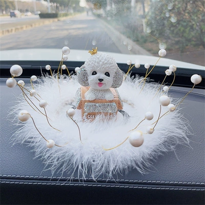 Car Ornaments with Diamonds, Teddy Dog Car ornaments - diamond-crown-teddy-dog-beaded-round-feather-cushion