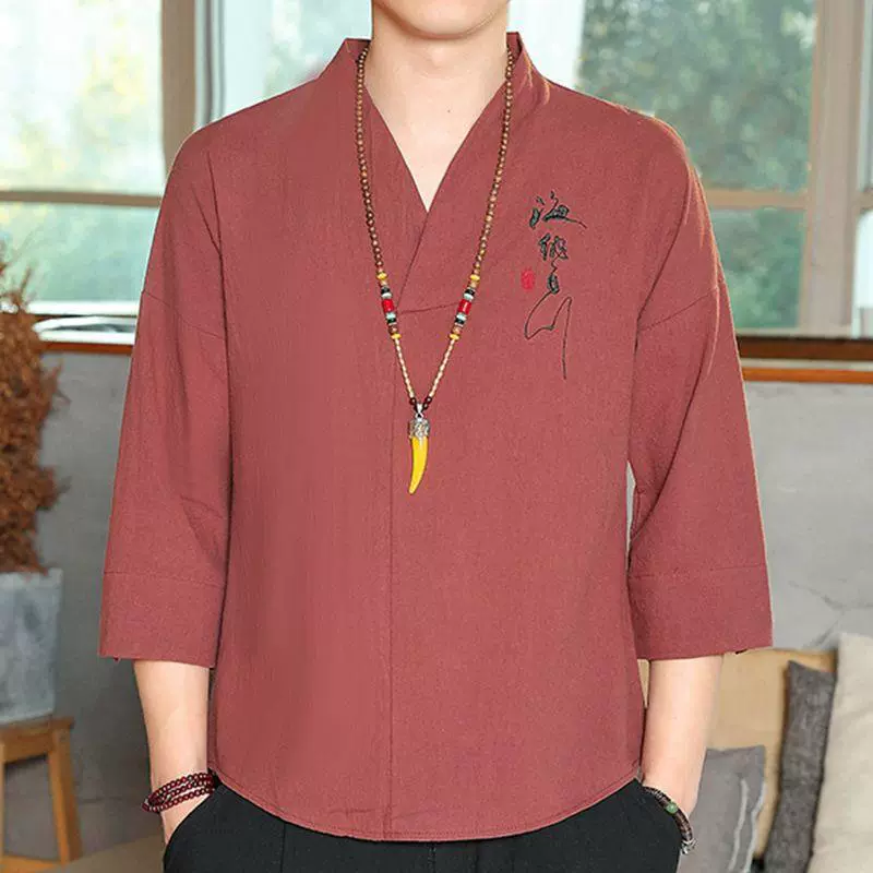 2023 футболки с короткими рукавами в китайском стиле из хлопка и льна для мужчин с ретро вышивкой футболки с вырезом свободного размера