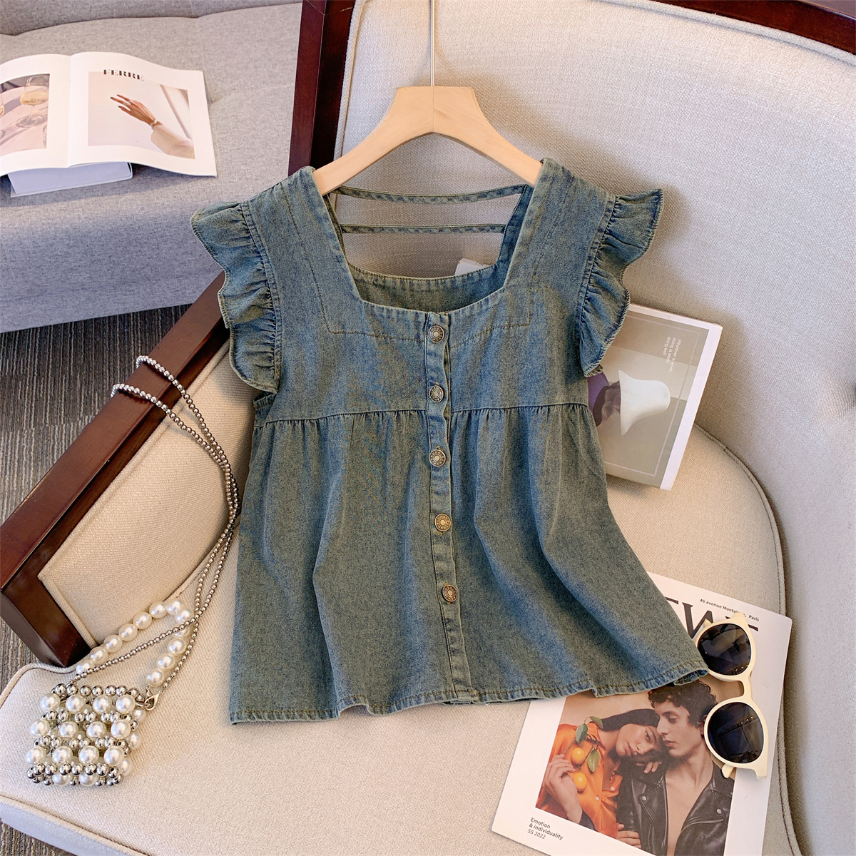 捡漏~专柜撤回夏季复古牛仔飞飞袖衬衫女设计感方领无袖上衣