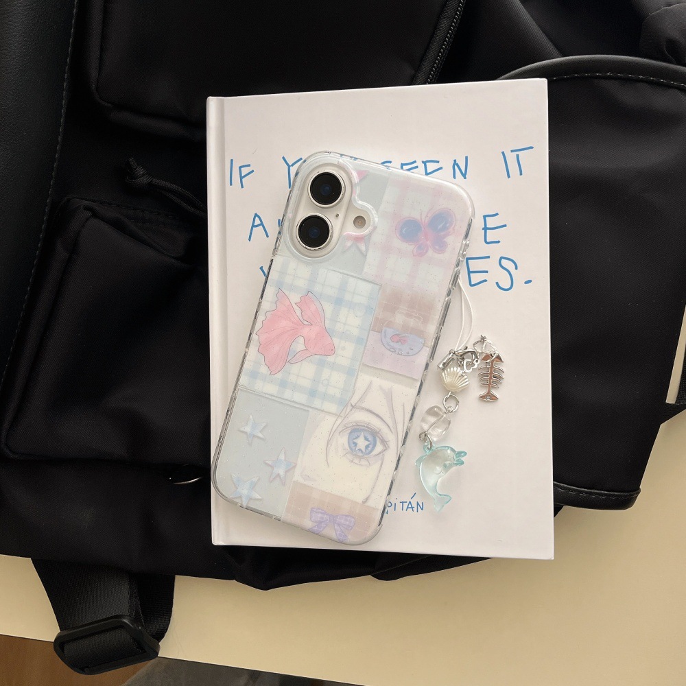 Costuras a cuadros Goldfish Blue Tears Adecuado para Apple 16ProMax Funda para teléfono móvil 15Pro Colgante 14/13 Mujer 15PM