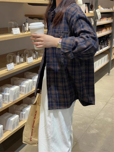 Women's Autumn/Winter New Loose Casual Vintage Long Sleeve Check Shirt Top in Navy Blue Flannel
