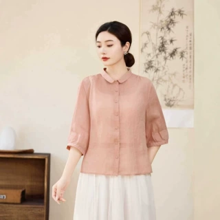 2026夏季净版苎麻衬衫女宽松翻领显瘦五分袖开衫新款苎麻上衣批发