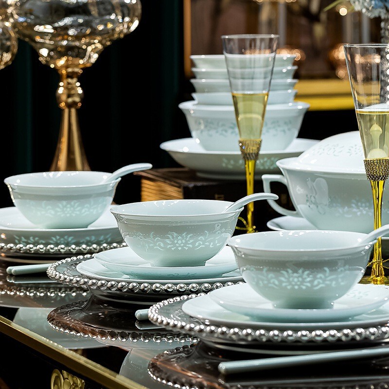 Jingdezhen Exquisite Porcelain Tableware Set for Personal Use High Temperature White Porcelain Underglaze Color Porcelain Bowls, Plates, Soup Bowls, Housewarming Gifts