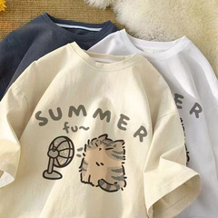 13 ライン女性の夏の綿トップ半袖 Tシャツ女性の夏のプリント香港スタイルヘミングカップルルーズ混合卸売