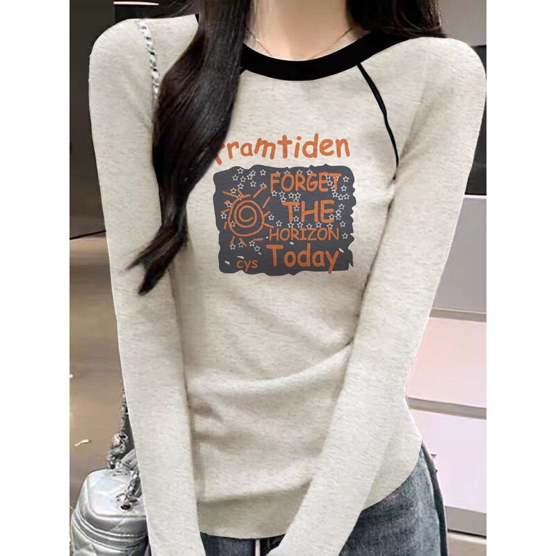 Cotton Color-Blocked Patchwork Base Shirt in Light Gray, 2026 Spring/Autumn New Style, Trendy Loose-Fitting Long-Sleeve T-Shirt for Women Cotton Color-Blocked Patchwork Base Shirt in Light Gray, 2026 Spring/Autumn New Style, Trendy Loose-Fitting Long-Sleeve T-Shirt for Women