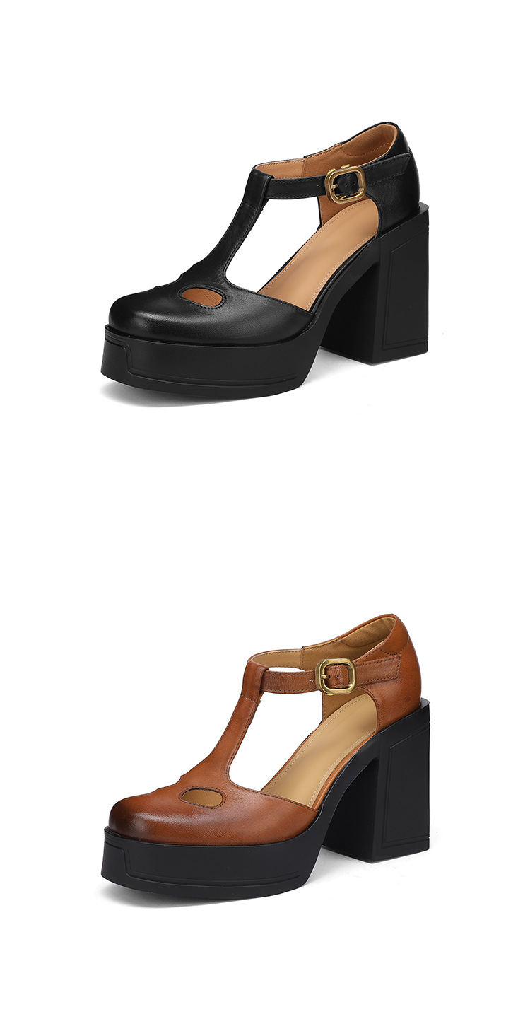Sandal nữ đế xuồng platform gót vuông phong cách vintage khóa kim loại — màu nâu, màu đen chi tiết 24
