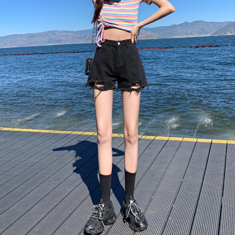 Large Size Chubby Girl High Waist Denim Shorts Women's Summer Spice Girls Slim Look Ripped Wide Leg Pants Loose A- line Black Hot Pants Women
