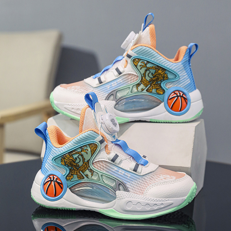 Zapatos para niños, calzado deportivo, 2025 nuevas zapatillas de baloncesto para niños de verano, zapatillas transpirables de malla con hebilla giratoria para niños de mediana edad