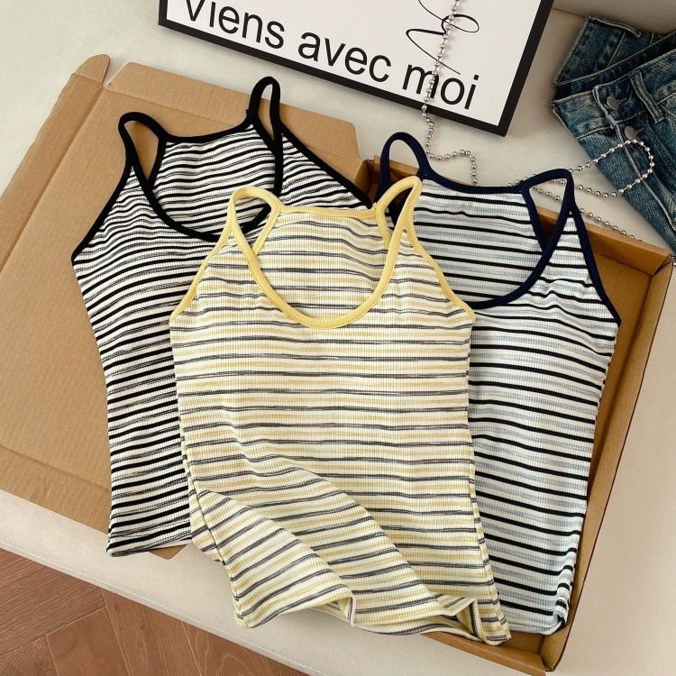 Korean-Style Sexy Striped Camisole with Built-In Bra Pads, Beautiful Back Design, Inner Wear Top for Women Korean-Style Sexy Striped Camisole with Built-In Bra Pads, Beautiful Back Design, Inner Wear Top for Women