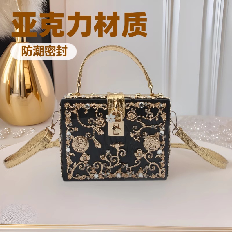 European And American Acrylic Evening Bag Hollow-Out Metal Carved Diamond Inlaid Handbag Shoulder Crossbody Bag For Women - Thumbnail 2