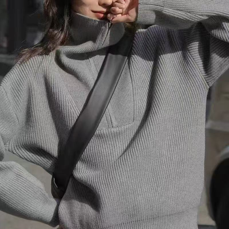 秋冬韩版复古半拉链高领毛衣女设计宽松慵懒风卫衣针织衫外贸女装|undefined