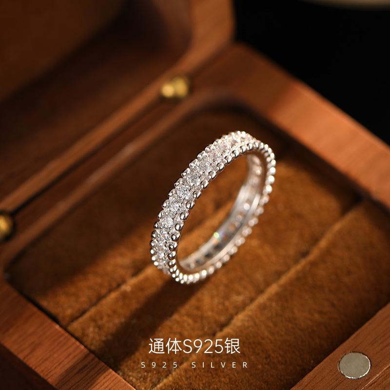 S925 Silver Light Luxury Row Diamond Bead Edge Ring High Quality Gypsophila Internet Celebrity Ins Couple Ring Ring
